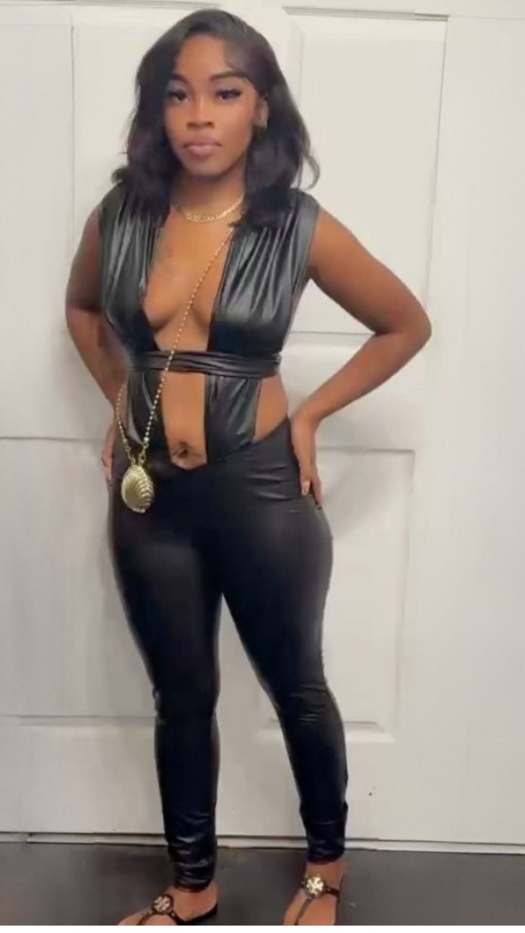 Night Life Faux Leather Jumpsuit (Black)