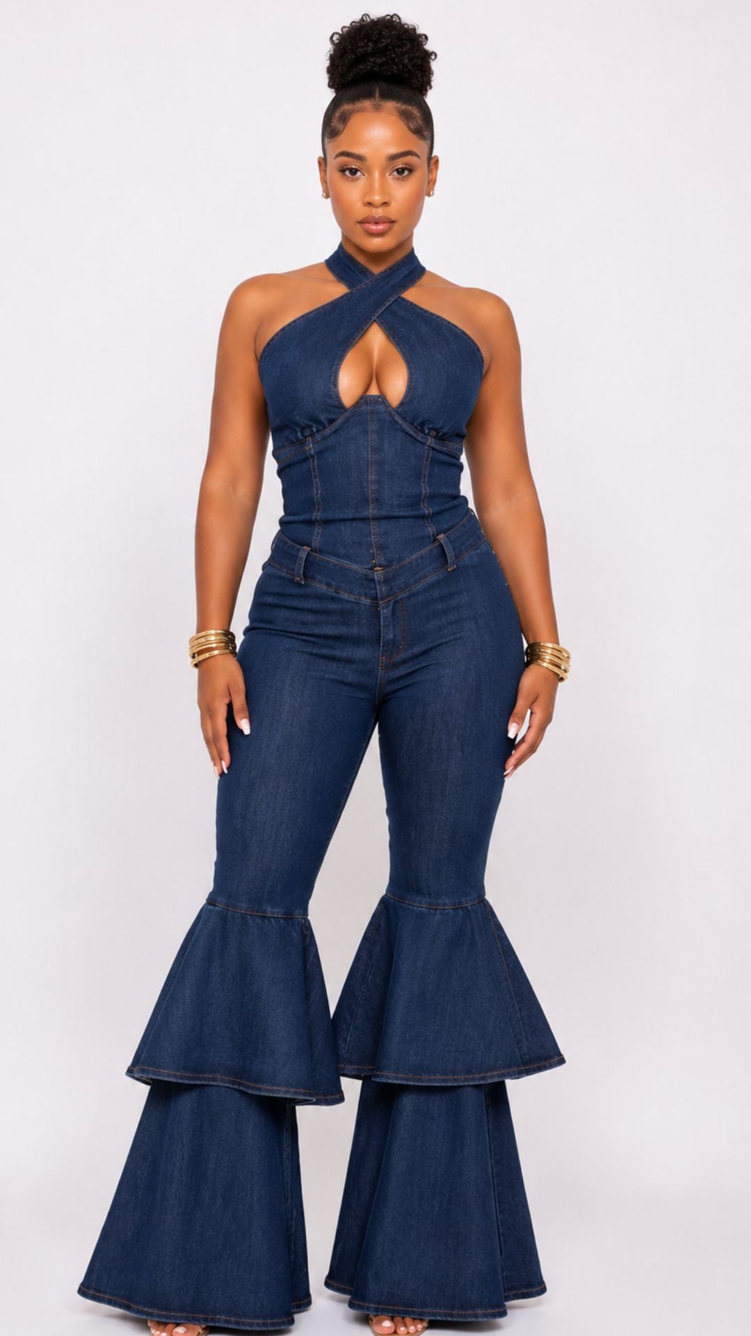 Denim Flare Leg Halter Romper