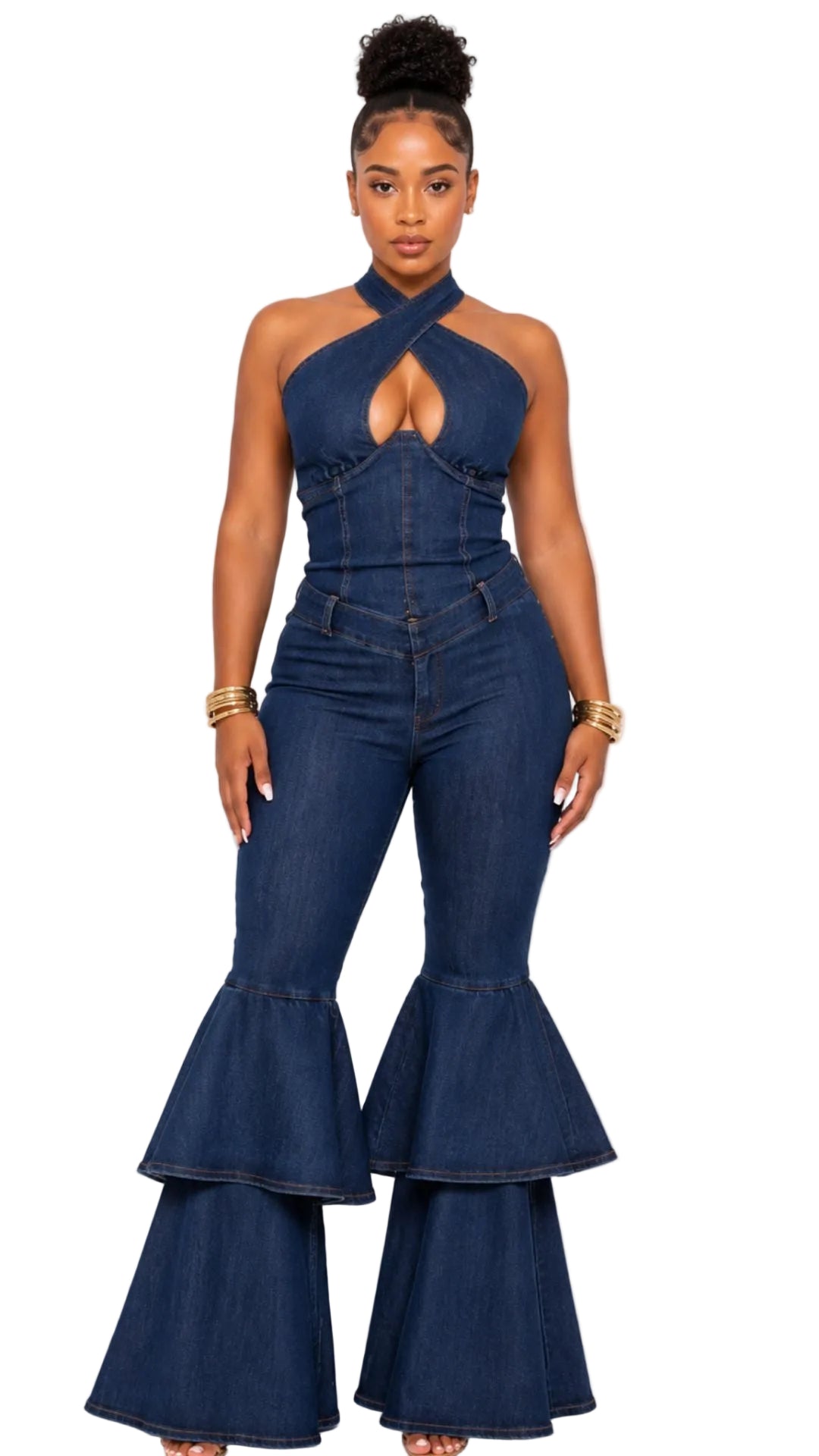 Denim Flare Leg Halter Romper