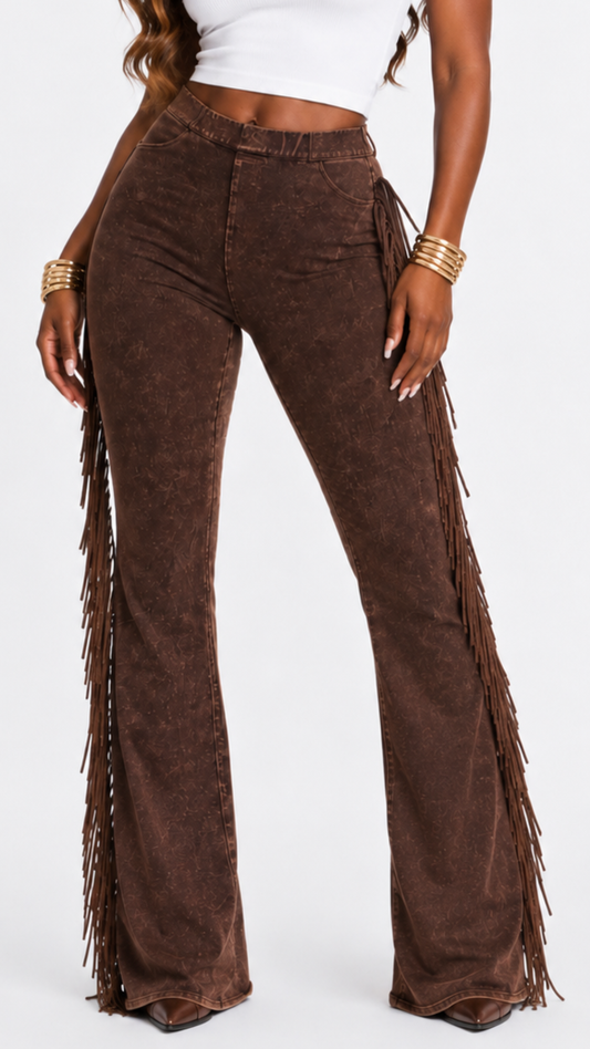 Shredded Tassle Pants - Brown