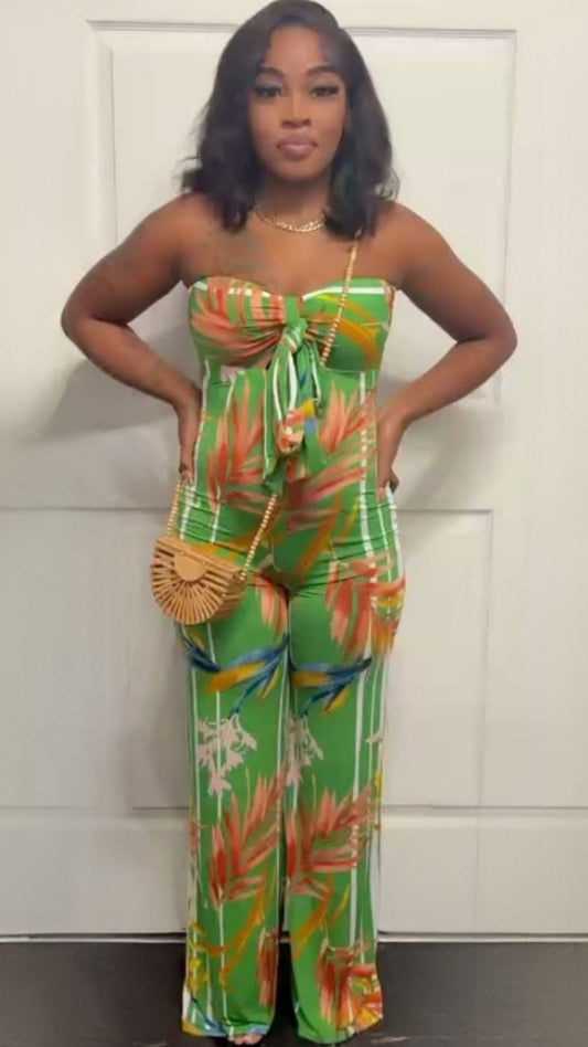 Green Flower Print Jumpsuit