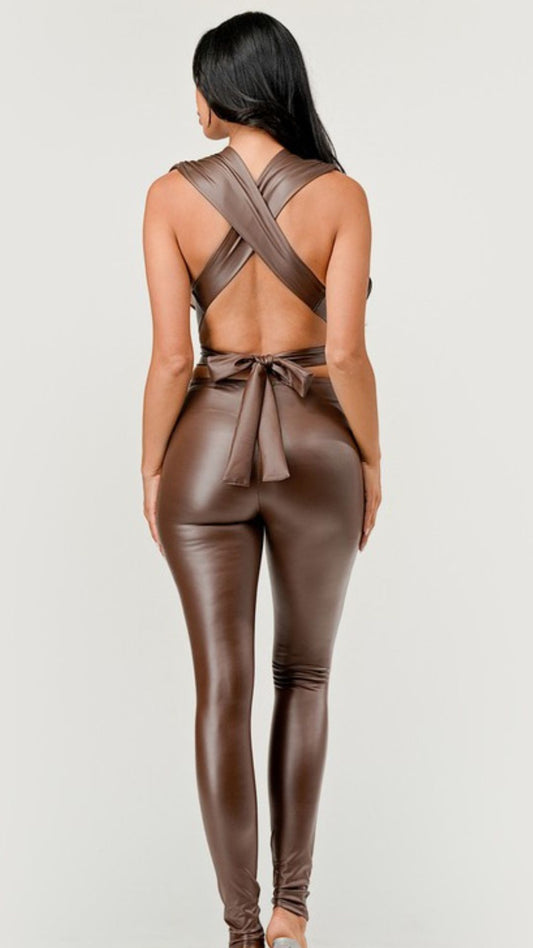 Night Life Faux Leather Jumpsuit (Brown)