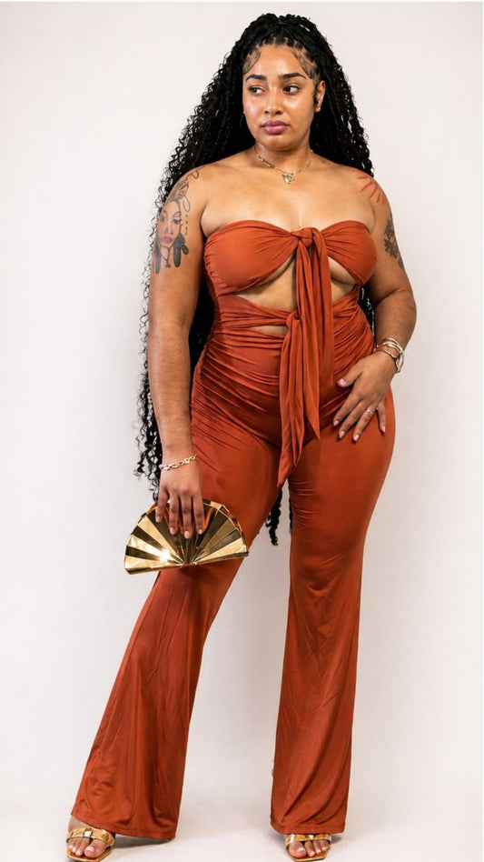 Brown Bow Tie Halter Jumpsuit