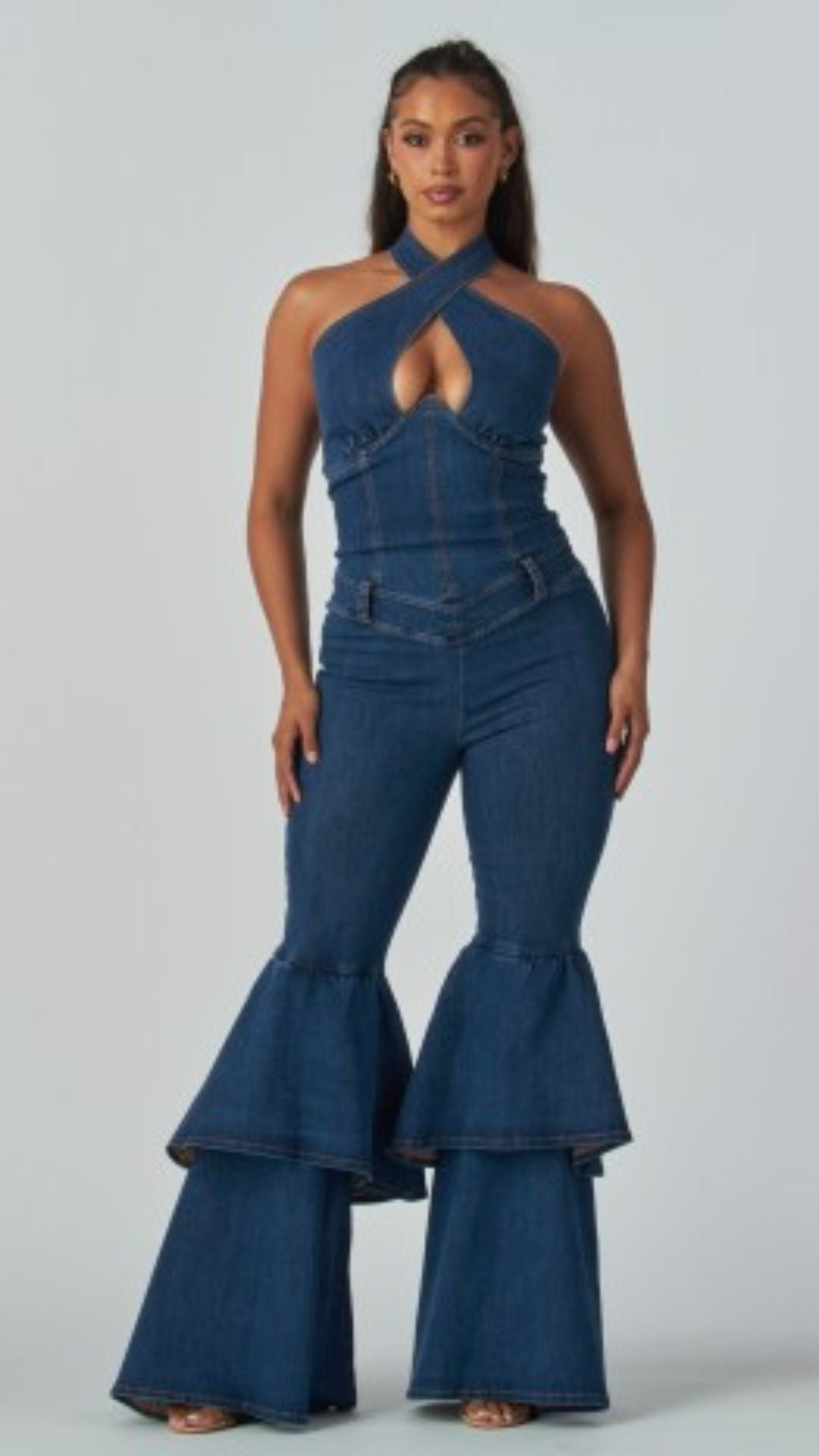Denim Flare Leg Halter Romper