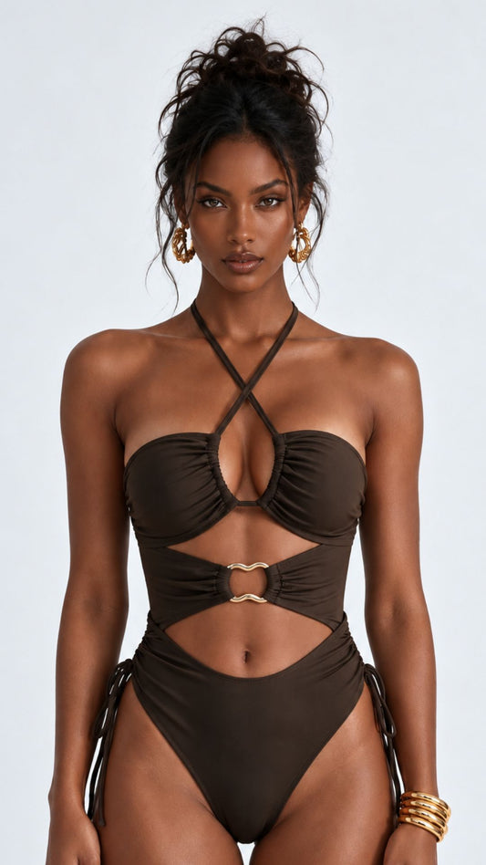 Halter Knot One-Piece Swimsuit (Brown)